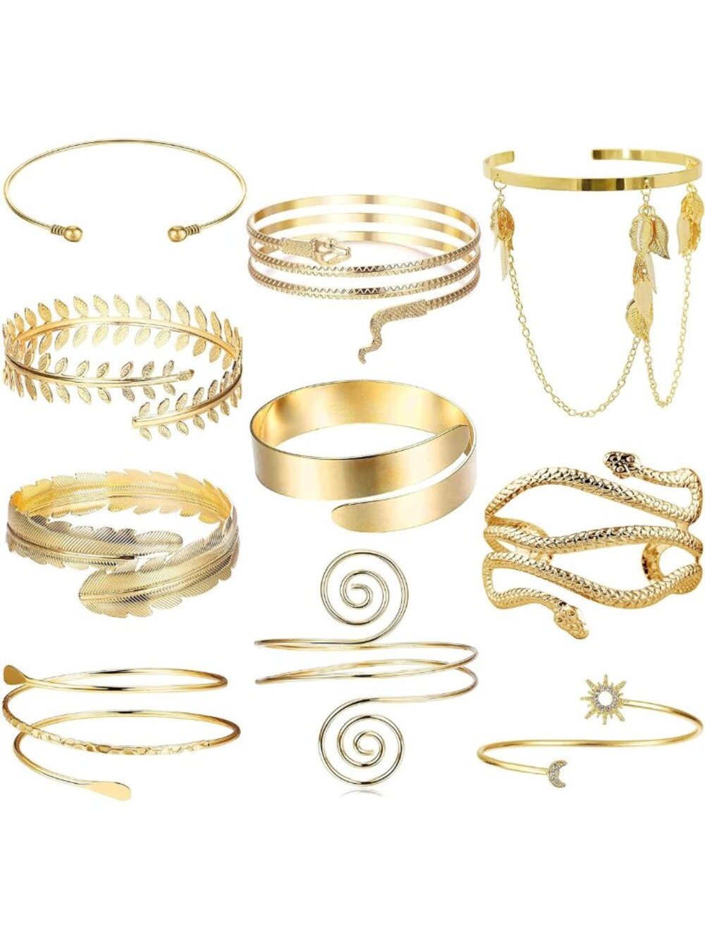 6-10Pcs Adjustable Arm Cuff Bracelets for Women - Boho Snake Feather Armbands